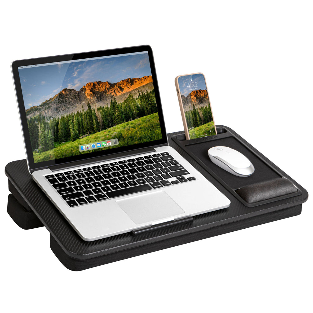 Elevation Pro Lap Desk - Black Carbon with laptop and mobile phone shown on the desk. 