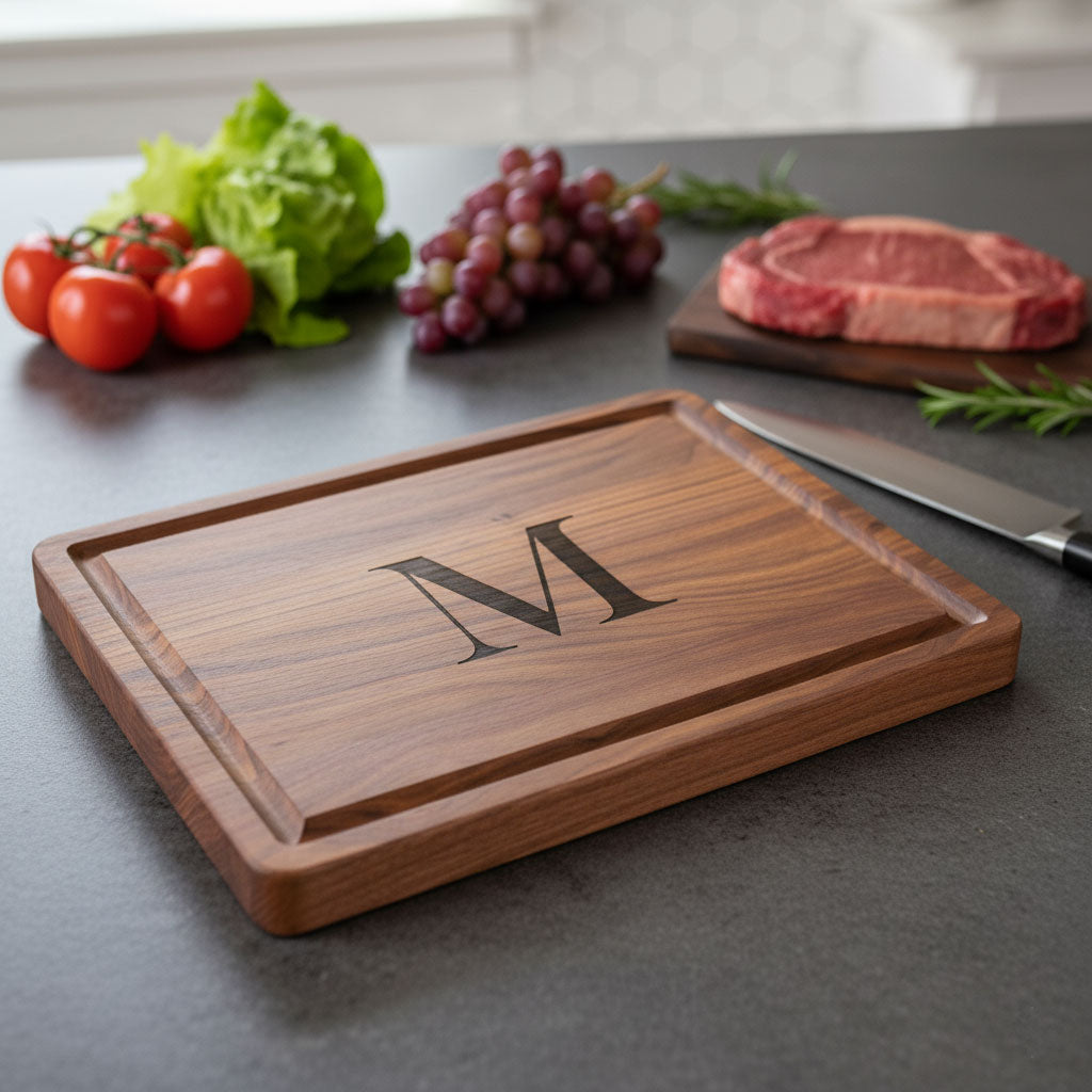 Wooden cutting board with engraved letter 'M' on a kitchen counter with vegetables and a steak.