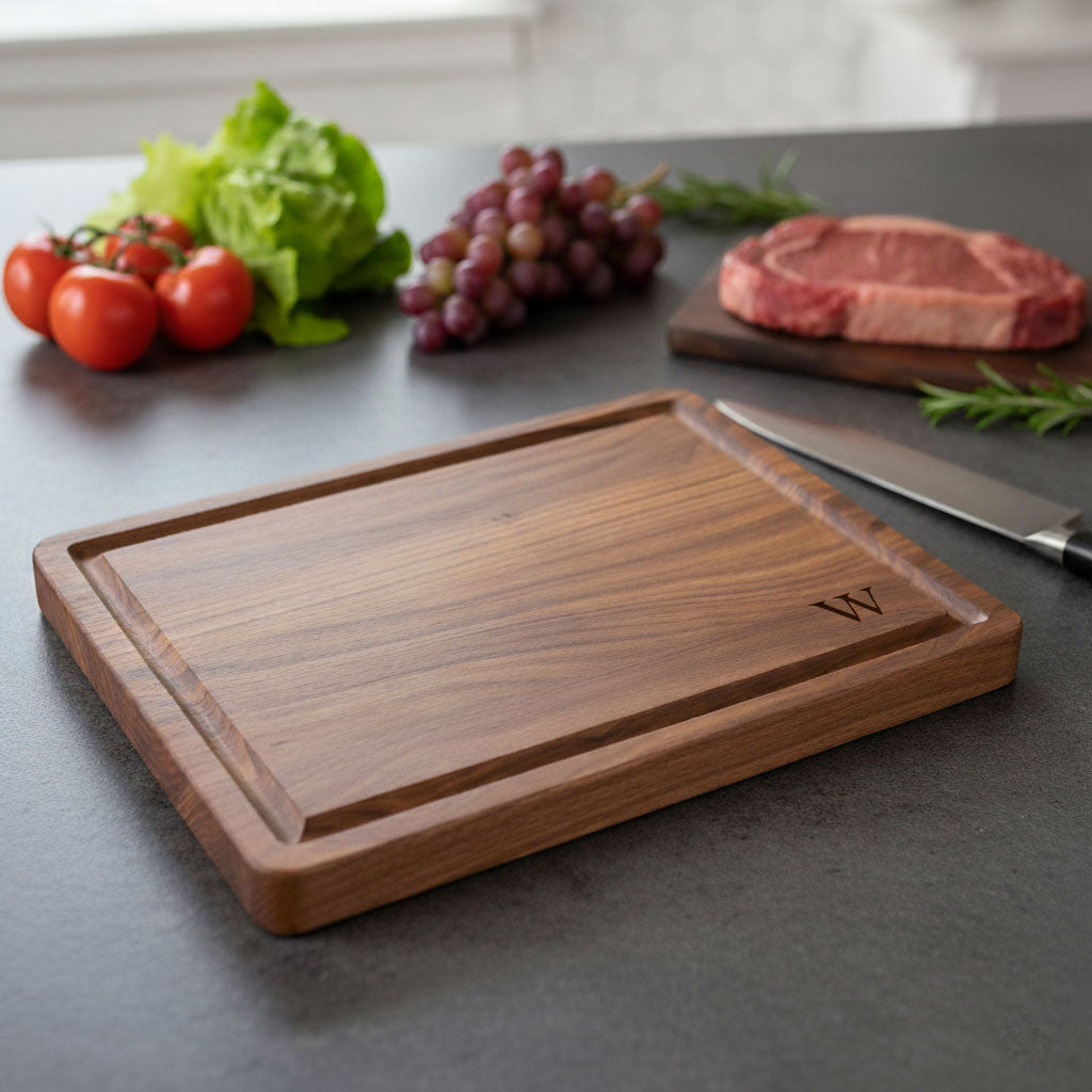 Wooden cutting board with a monogram on a kitchen counter with vegetables and a steak.