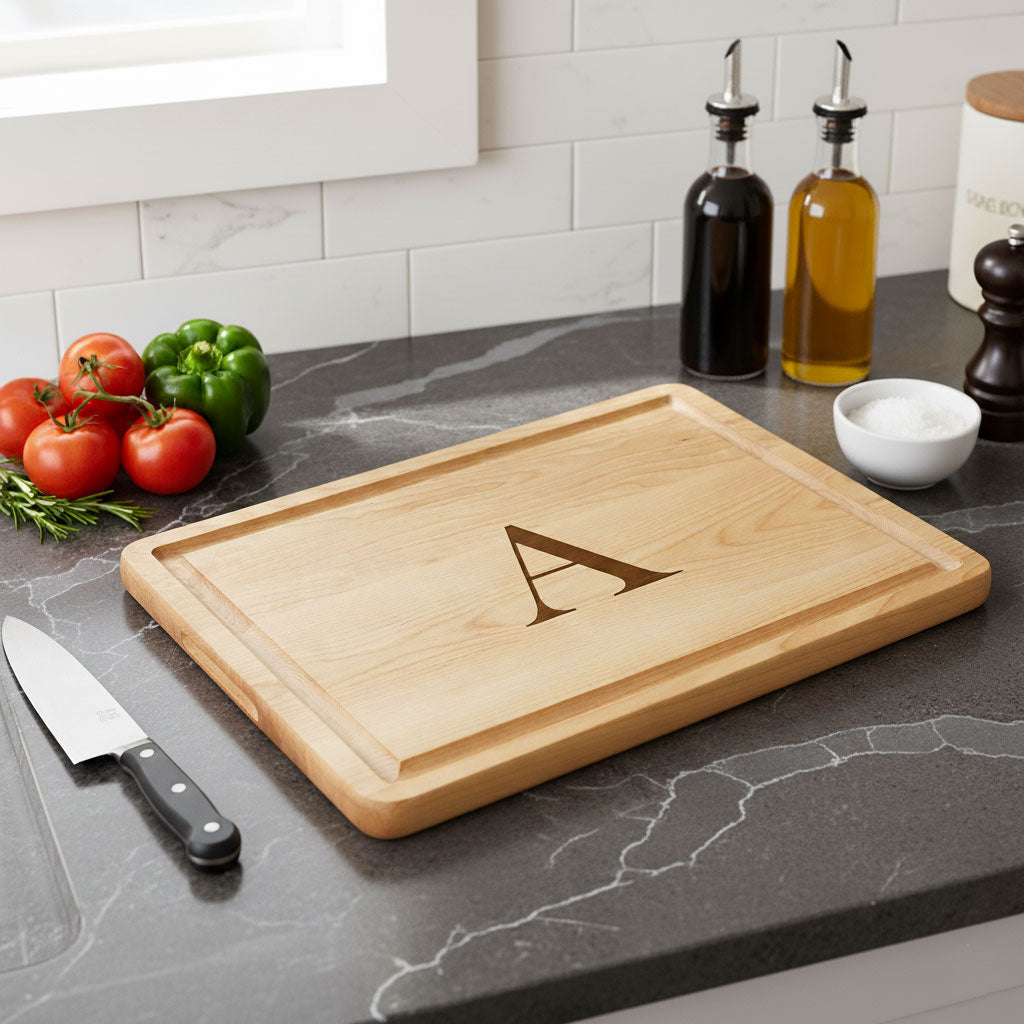 Wooden cutting board with letter 'A' on a kitchen counter with vegetables and oils.