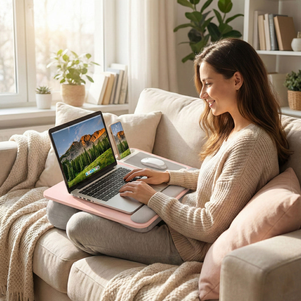 Woman using a laptop on a couch in a cozy living room