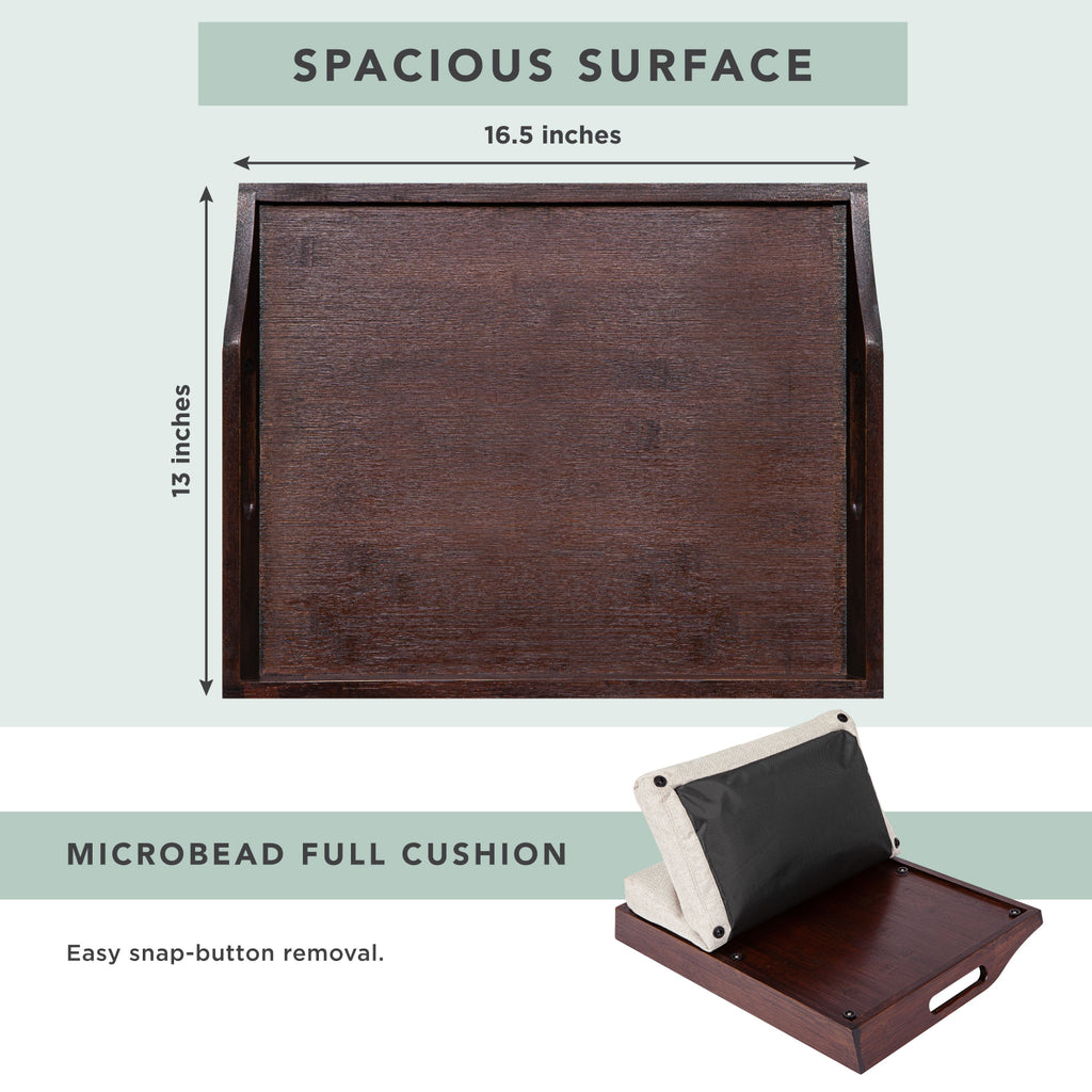 Wooden tray with dimensions and a microbead cushion on a light green background