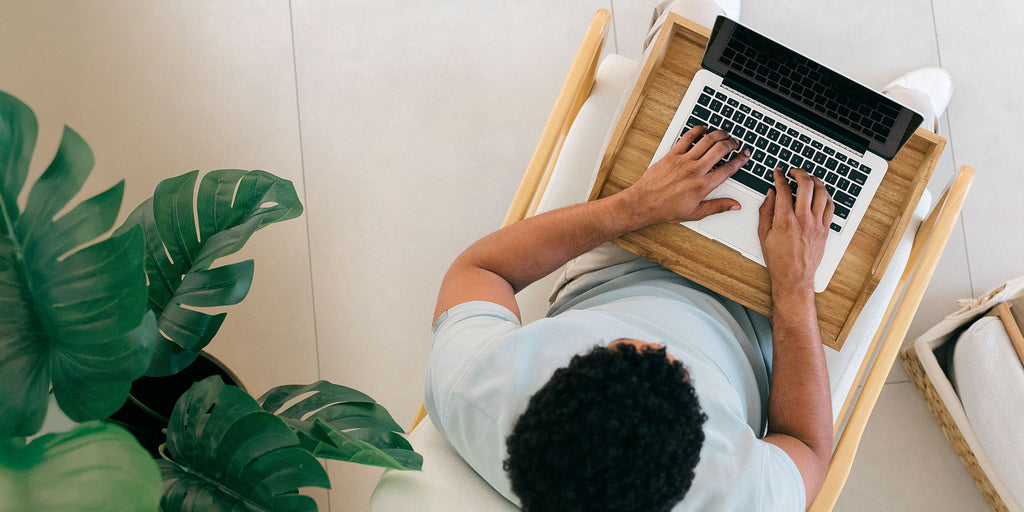 Person using a laptop on a wooden tray with a plant in the foreground