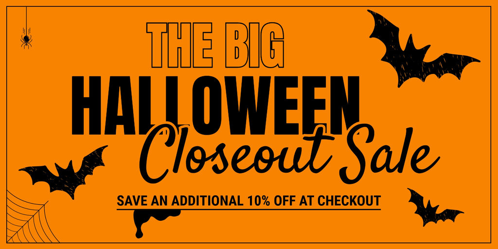 Halloween sale banner with bats and spider web on an orange background