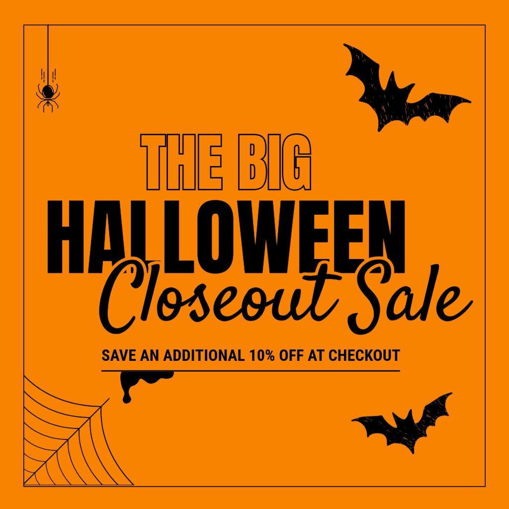 Halloween sale advertisement with bats and spider webs on an orange background